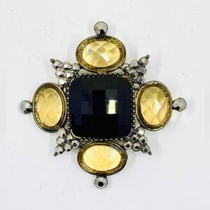 Silver Tone Art Deco Style Brooch W/Black & Yellow Faceted Glass 3”X3”